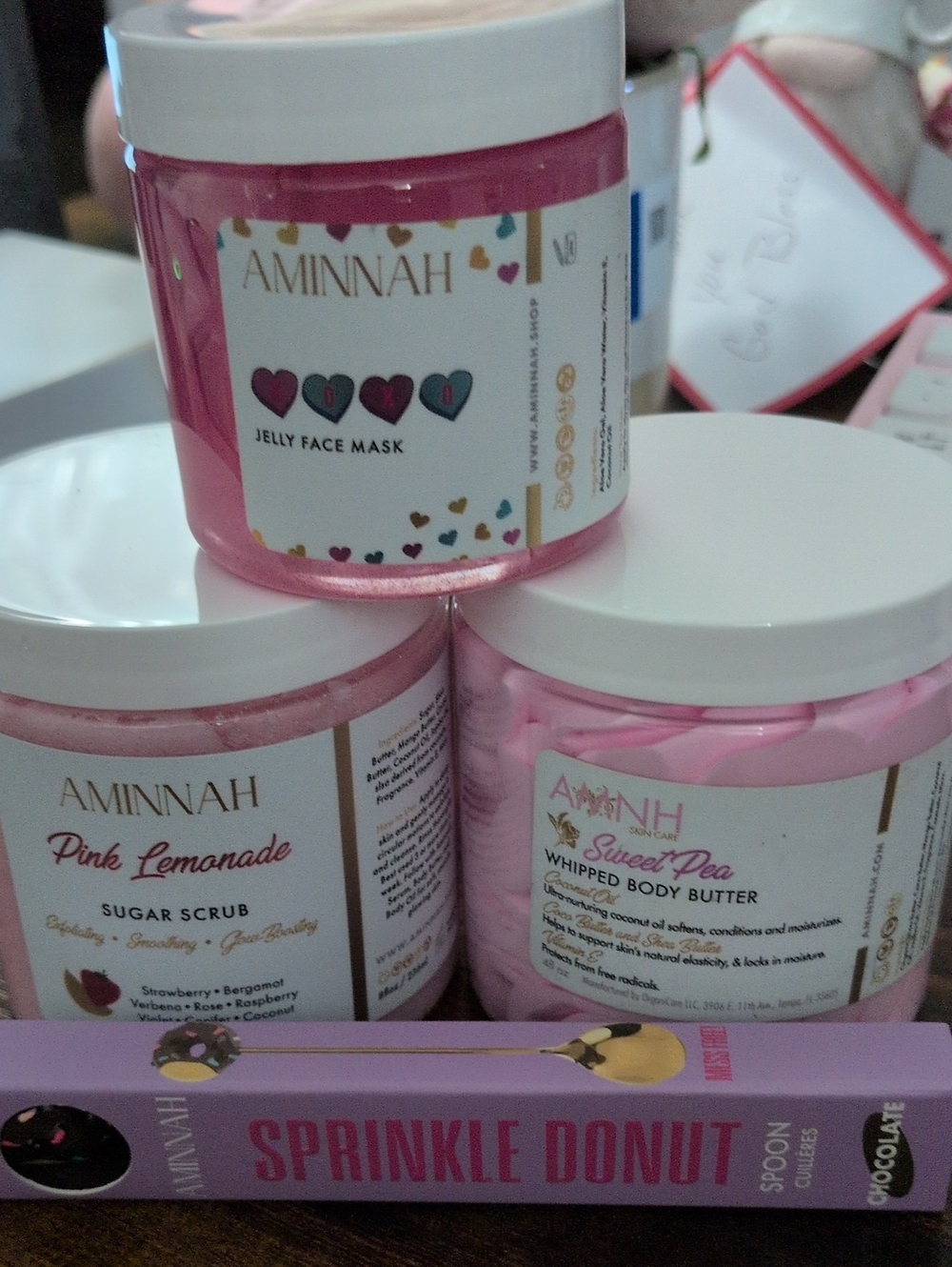 AMINNAH Pink Jelly Face Mask & Sugar Scrub Set & Body Butter And Spoon